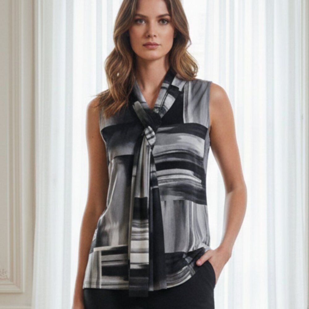 NWT Adrienne Vittadini Kamari Black Gray Faux Tie Wrap Sleeveless Top Medium